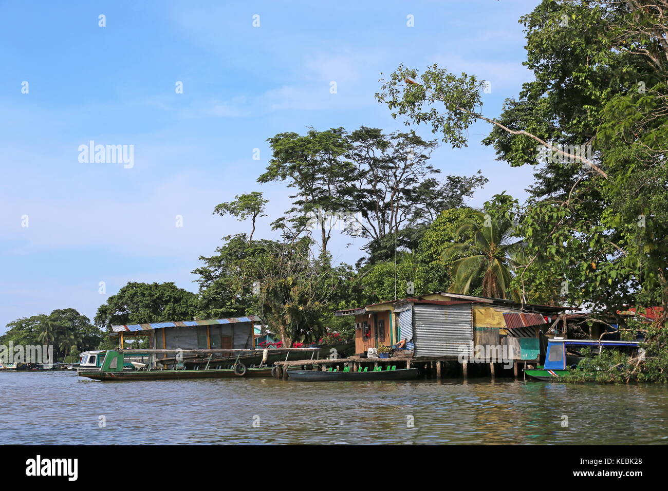 Bananero Boat Company, waterfront, Tortuguero village centre, Limón province, Caribbean Sea, Costa Rica, Central America Stock Photo