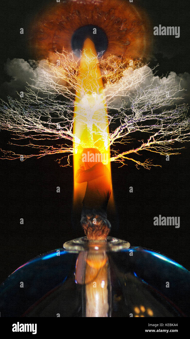 candle, eye and dry tree cover Stock Photo Alamy