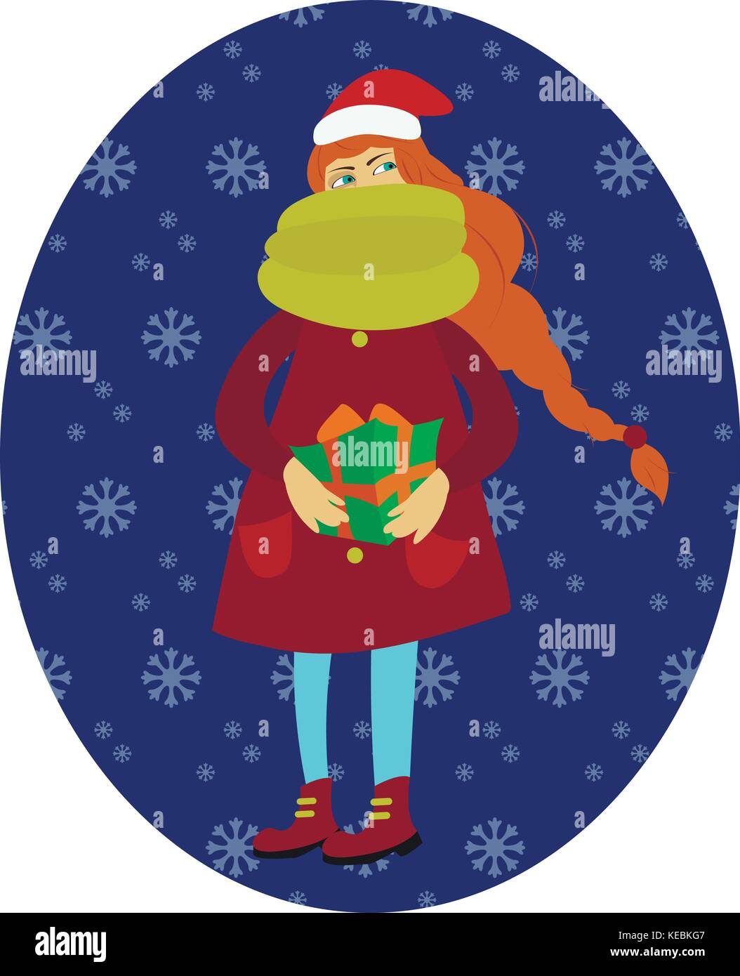 Happy girl holding a Gift in her Hands. Vector illustration on the theme of Christmas and New Year Stock Vector