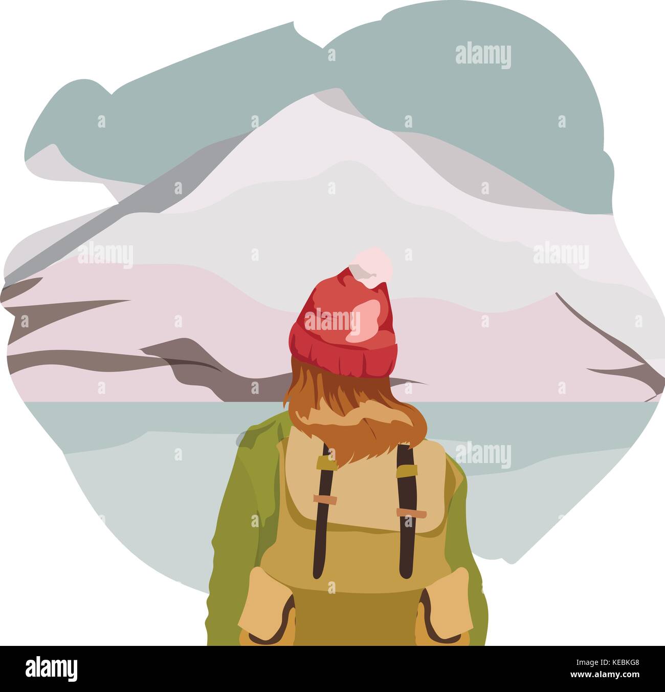 Girl walking alone on a mountain trail. Girl looks at a horizon. Adventure travel. Stock Vector