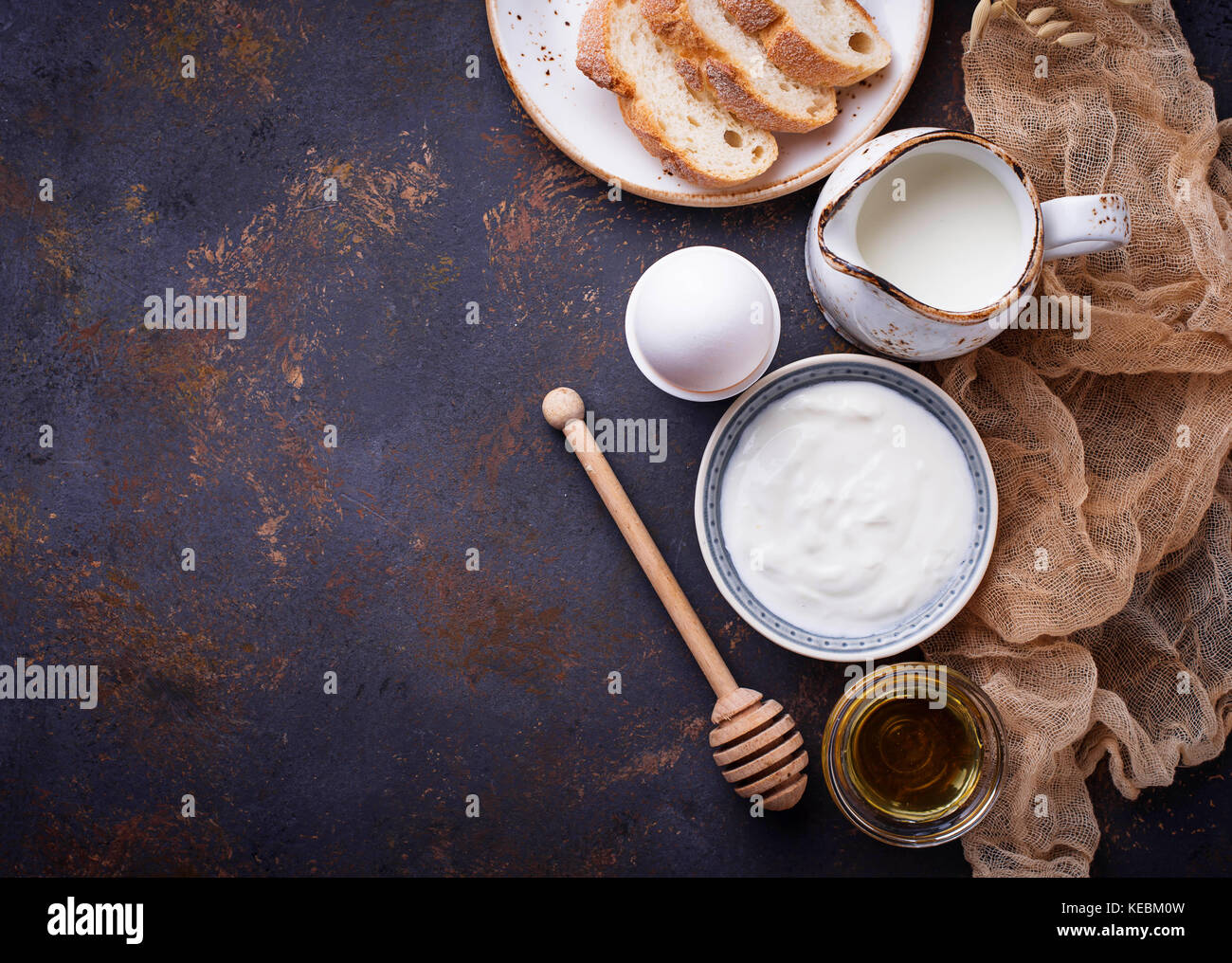 Yogurt, boiled egg, milk and honey Stock Photo Alamy
