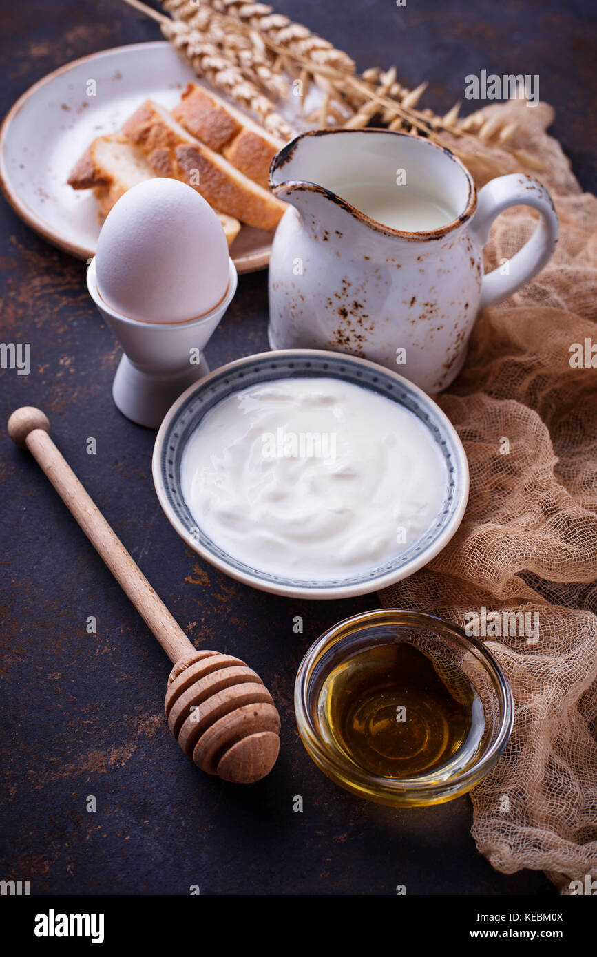 Yogurt, boiled egg, milk and honey Stock Photo Alamy