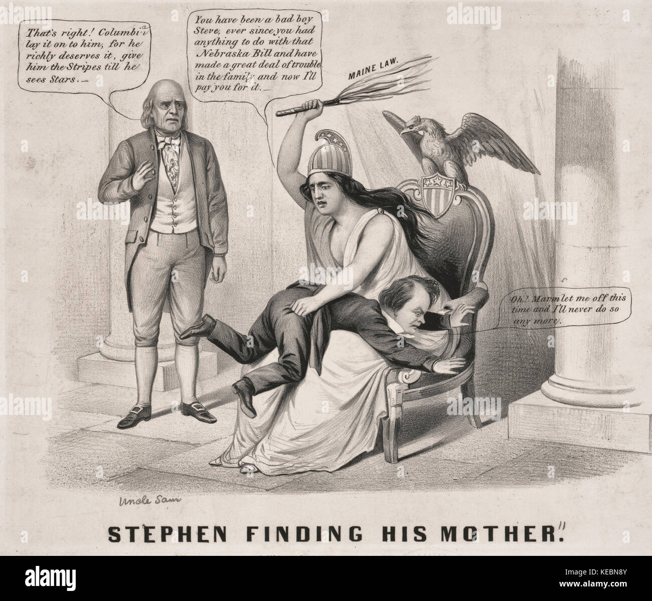 Stephen finding his mother -  Northern Democratic presidential candidate Stephen A. Douglas was widely criticized for his campaign tours of the country--an unusual practice for a presidential nominee. In an attempt to evade such opprobrium Douglas disguised a July 1860 tour of New England and upstate New York as a personal visit to his elderly mother and family. When it took him over a month to go from Washington to New York, Republicans taunted him as 'a little boy' (a reference to his shortness of stature) 'lost in search of his mother.' One of the many handbills and cartoons published on th Stock Photo
