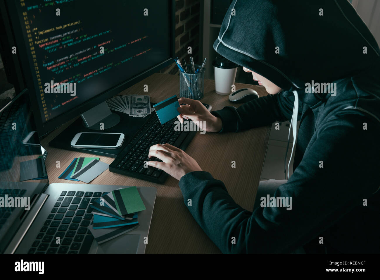 high angle view photo of hacker using computer online system stolen ...