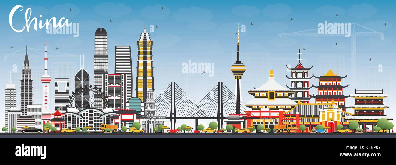 China City Skyline. Famous Landmarks in China. Vector Illustration. Business Travel and Tourism Concept. Image for Presentation, Banner, Placard Stock Vector