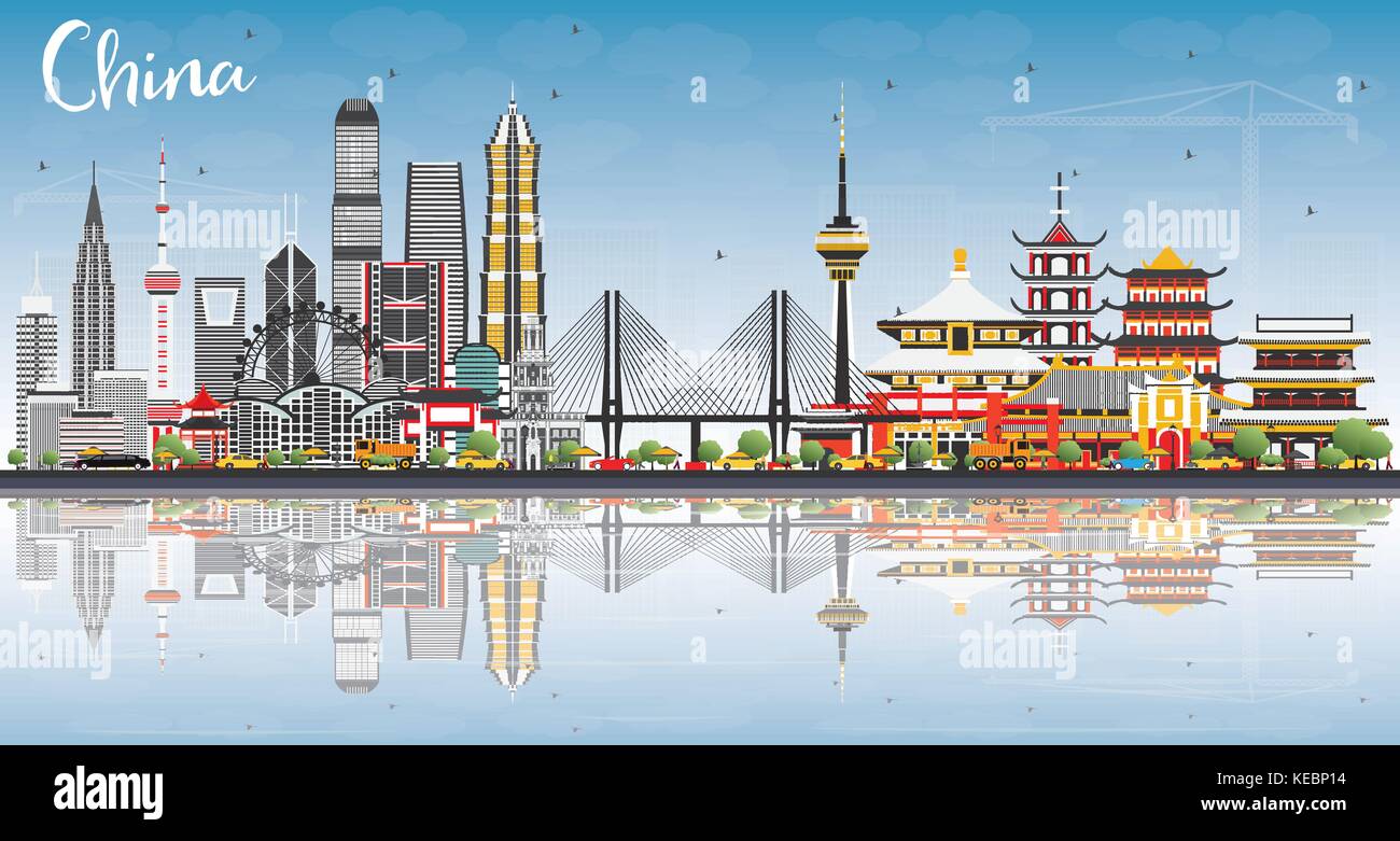 China City Skyline with Reflections. Famous Landmarks in China. Vector Illustration. Business Travel and Tourism Concept. Image for Presentation Stock Vector