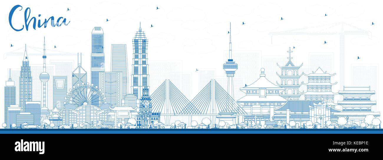 Outline China City Skyline. Famous Landmarks in China. Vector Illustration. Business Travel and Tourism Concept. Image for Presentation, Banner Stock Vector