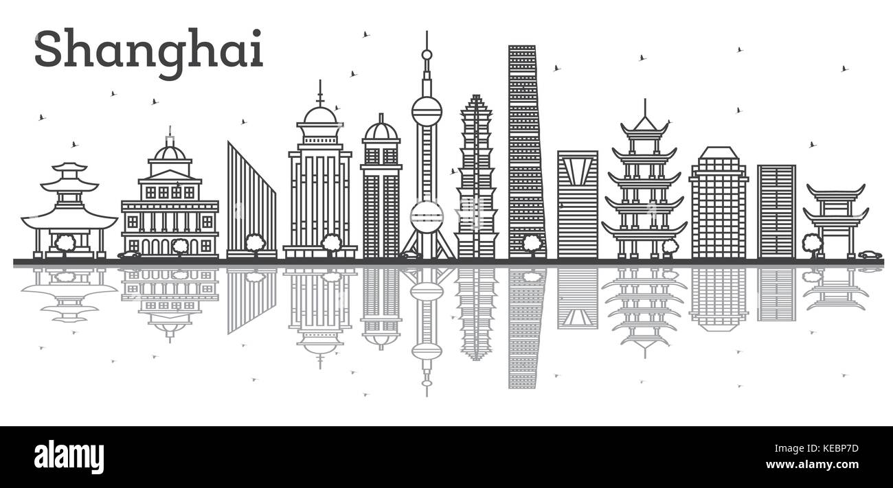 Outline Shanghai Skyline with Modern Buildings and Reflections. Vector Illustration. Stock Vector