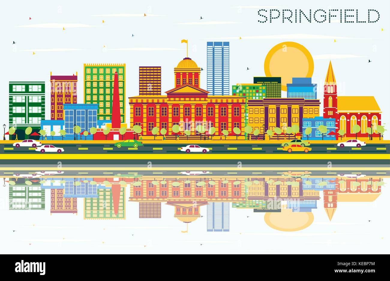 Springfield Skyline with Color Buildings, Blue Sky and Reflections ...
