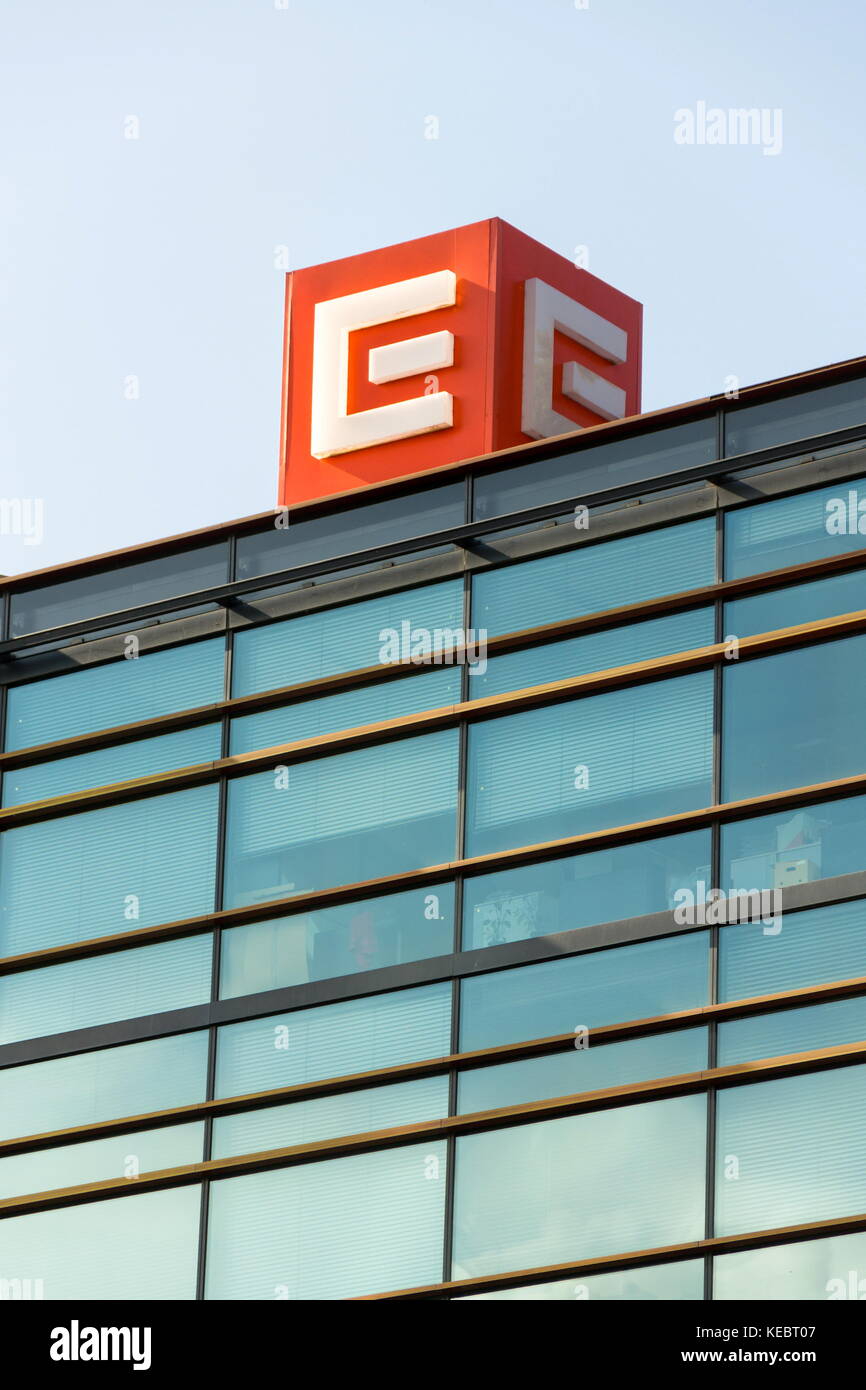 PRAGUE, CZECH REPUBLIC - OCTOBER 14: CEZ group company logo on headquarters building on October 14, 2017 in Prague, Czech republic. Stock Photo