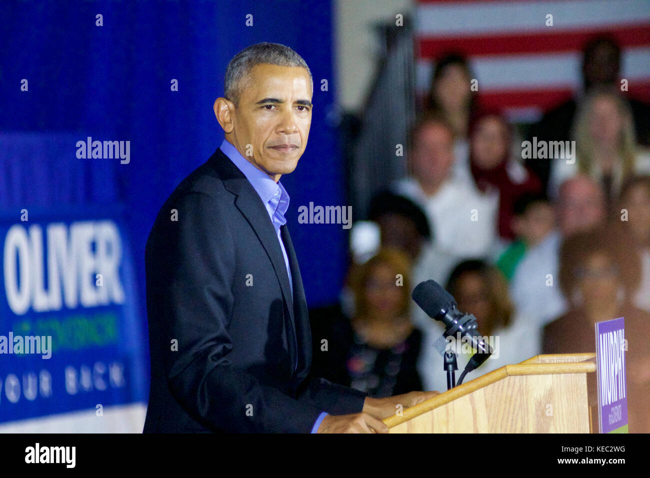 Newark, New Jersey, USA. 19th Oct, 2017. Former US president Barack Obama returns on the campaign trail at a rally for New Jersey gubernatorial candidate Phil Murphy, in Newark, NJ, on October 19, 2017. Credit: Bastiaan Slabbers/Alamy Live News Stock Photo