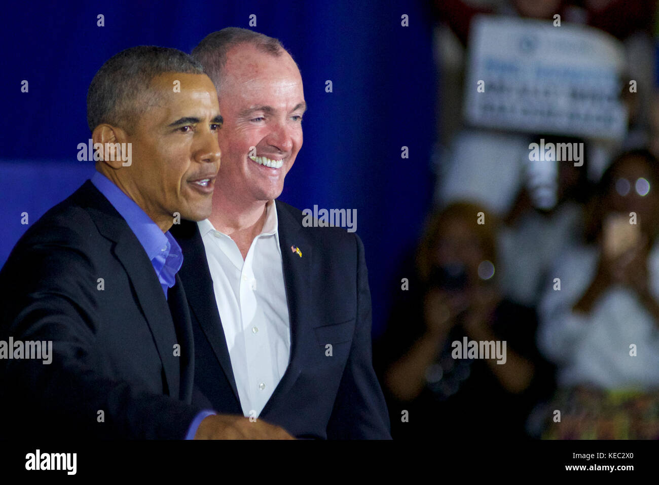 Newark, New Jersey, USA. 19th Oct, 2017. Former US president Barack Obama returns on the campaign trail at a rally for New Jersey gubernatorial candidate Phil Murphy, in Newark, NJ, on October 19, 2017. Credit: Bastiaan Slabbers/Alamy Live News Stock Photo