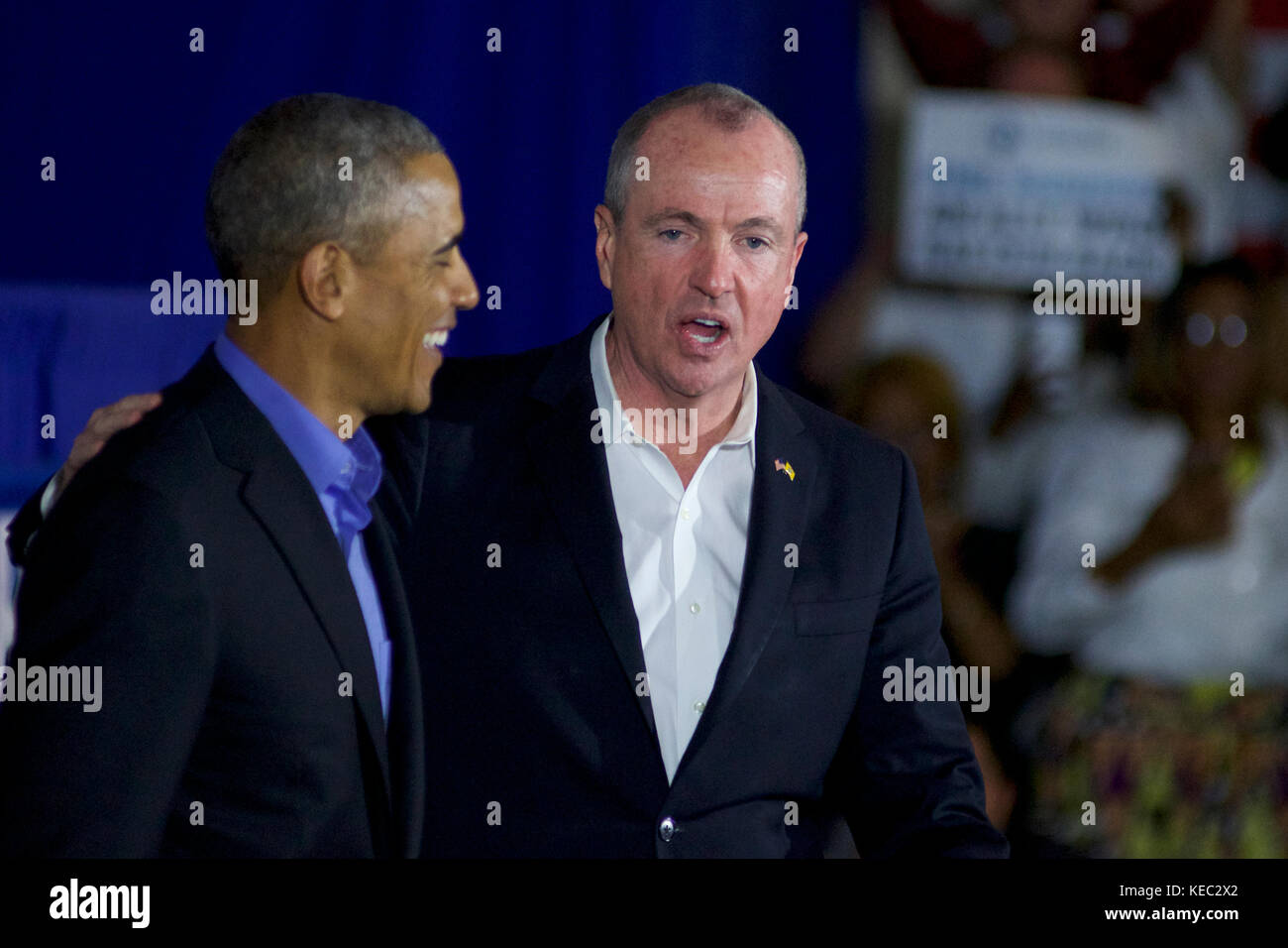 Newark, New Jersey, USA. 19th Oct, 2017. Former US president Barack Obama returns on the campaign trail at a rally for New Jersey gubernatorial candidate Phil Murphy, in Newark, NJ, on October 19, 2017. Credit: Bastiaan Slabbers/Alamy Live News Stock Photo