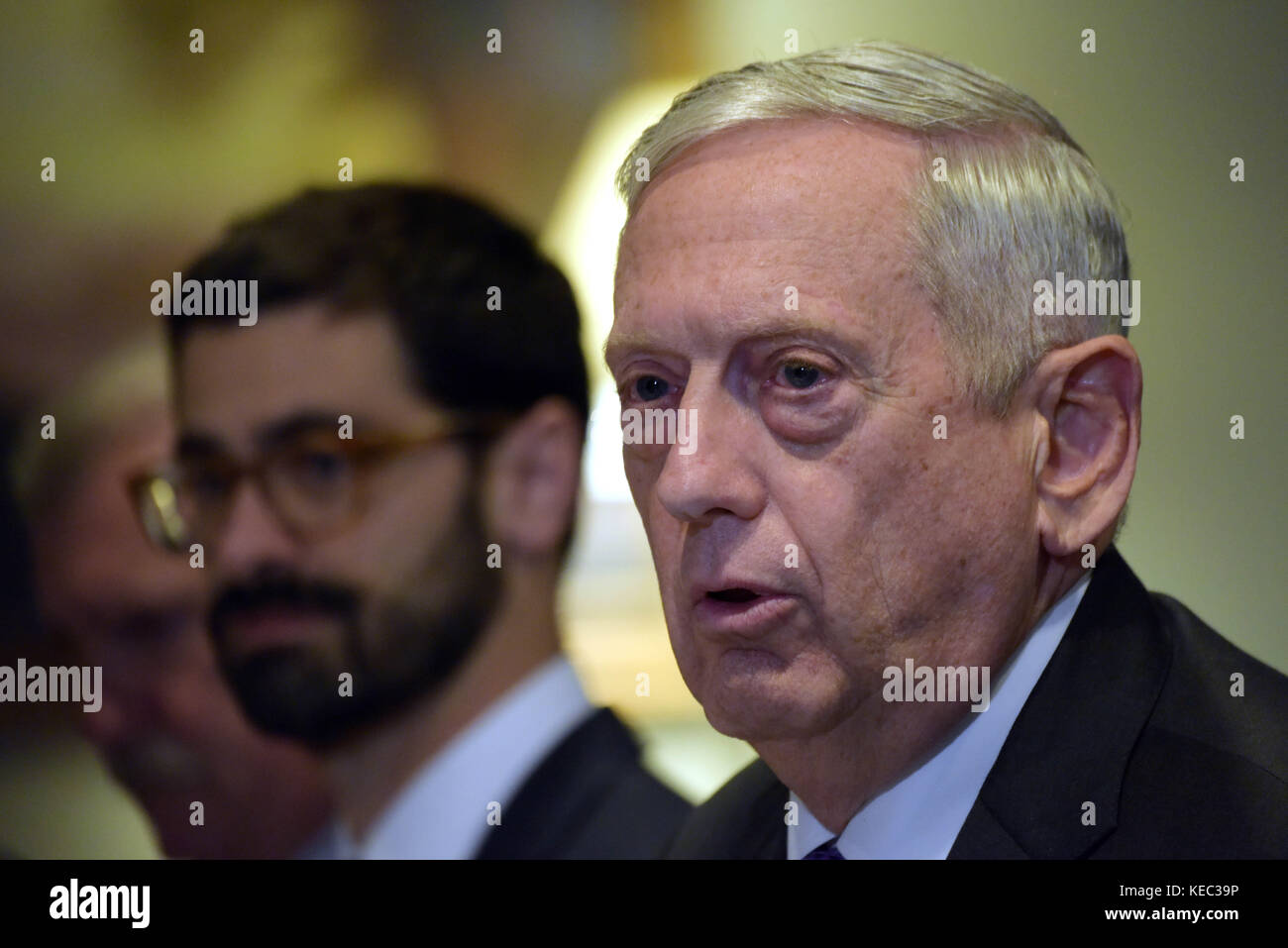 Washington, USA. 19th Oct, 2017. U.S. Defense Secretary Jim Mattis (R) speaks during a meeting with Israeli Defense Minister Avigdor Lieberman (not in the picture) at the Pentagon in Washington, DC, the United States, on Oct. 19, 2017. Credit: Yin Bogu/Xinhua/Alamy Live News Stock Photo