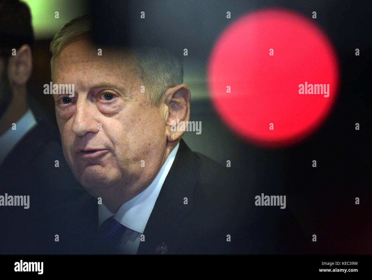 Washington, USA. 19th Oct, 2017. U.S. Defense Secretary Jim Mattis speaks during a meeting with Israeli Defense Minister Avigdor Lieberman (not in the picture) at the Pentagon in Washington, DC, the United States, on Oct. 19, 2017. Credit: Yin Bogu/Xinhua/Alamy Live News Stock Photo