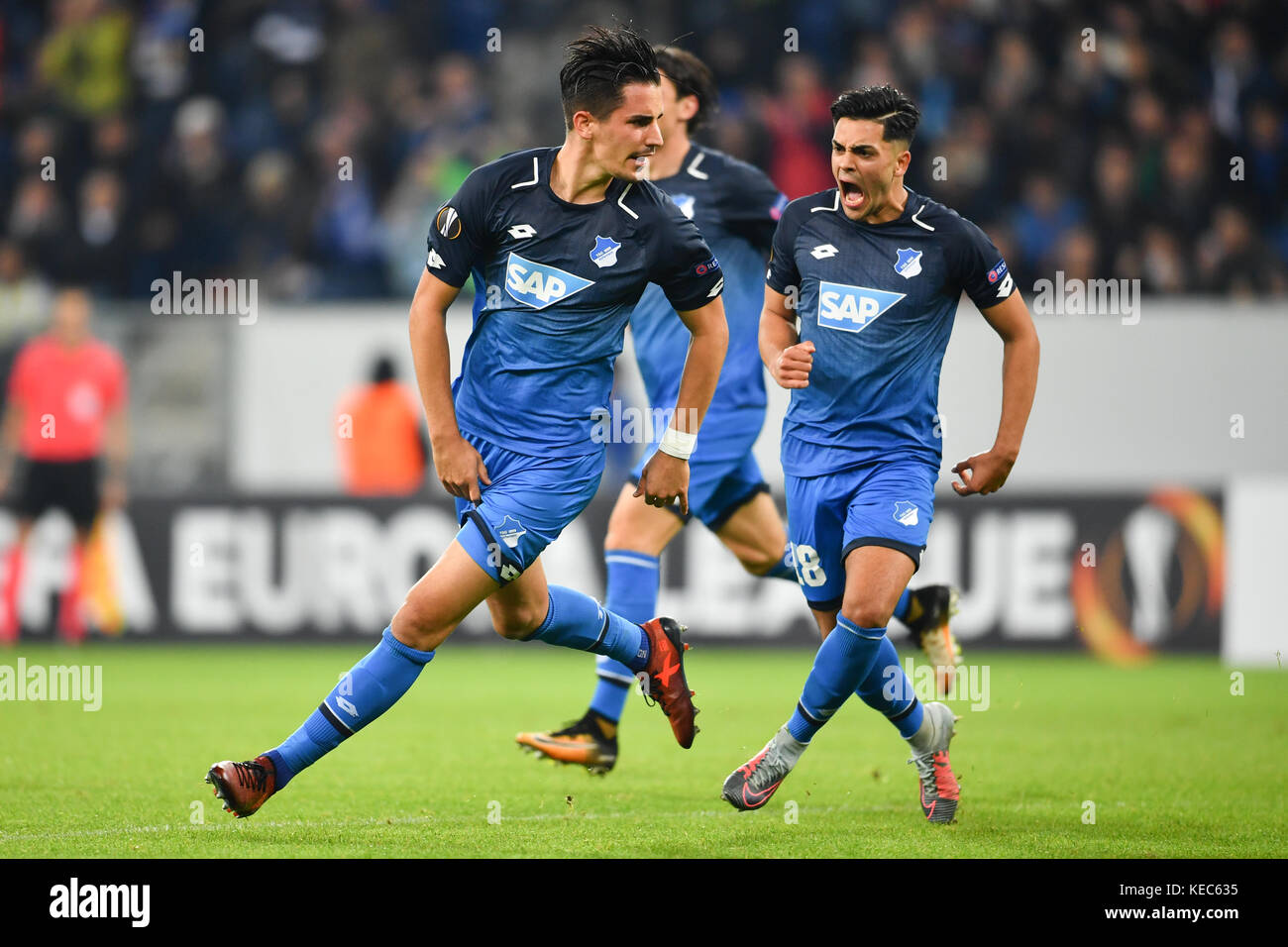 Sinsheim, Germany. 18th Oct, 2013. Hoffenheim's Kai Herdling (R) and  Leverkusen's Sebastian Boenisch debate after the Bundesliga soccer match  between 1899 Hoffenheim and Bayer Leverkusen at Rhein-Neckar-Arena in  Sinsheim, Germany, 18 October