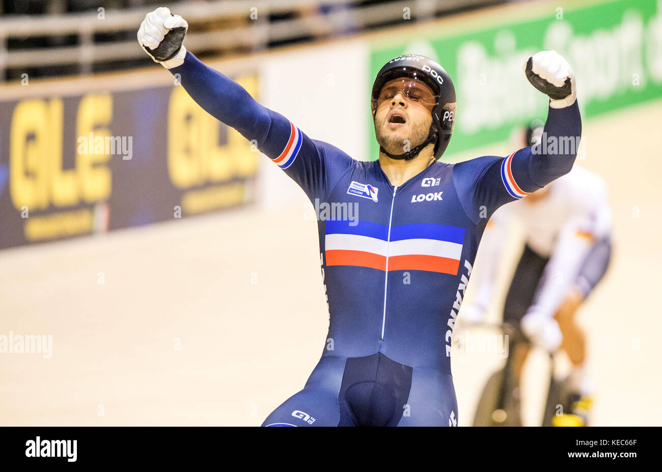 French sprint cyclist Quentin Lafargue celebrates the victory after the ...