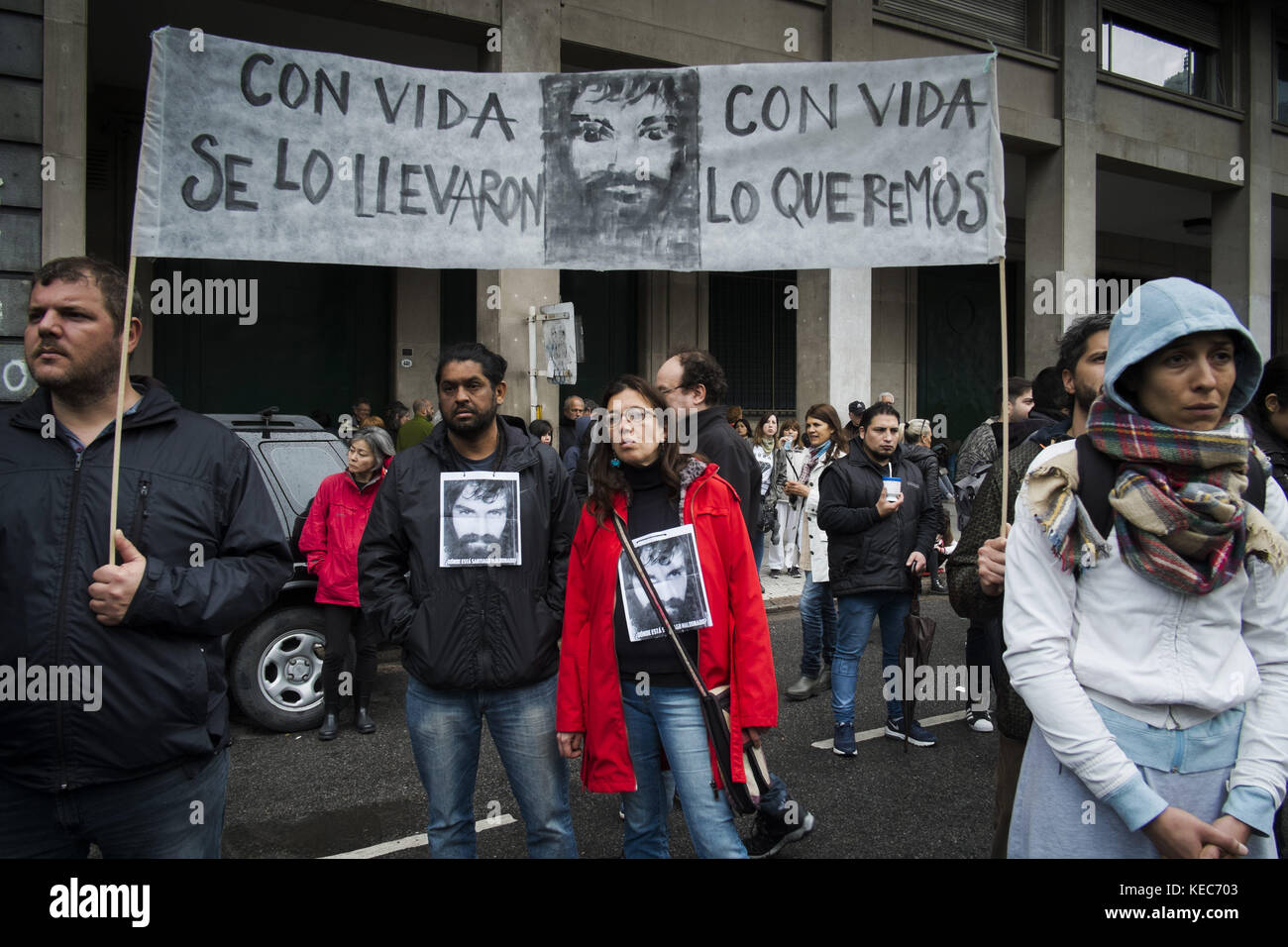 Federal Capital, Buenos Aires, Argentina. 16th Sep, 2017. Demonstrators are seen holding a banner to protest against the disappearance of Santiago Maldonado since 1 August 2017.Despite the rain, thousands of protesters gathered on Sunday in Plaza de Mayo hosted by the relatives and friends of Santiago Maldonado two months after his disappearance, after he was reportedly surrendering to Argentinian police guards during a raid on a camp of Mapuche protesters in Patagonia, south of Argentina. Various protests were seen in several other cities in Argentina, and abroad such as London, Paris, Stock Photo
