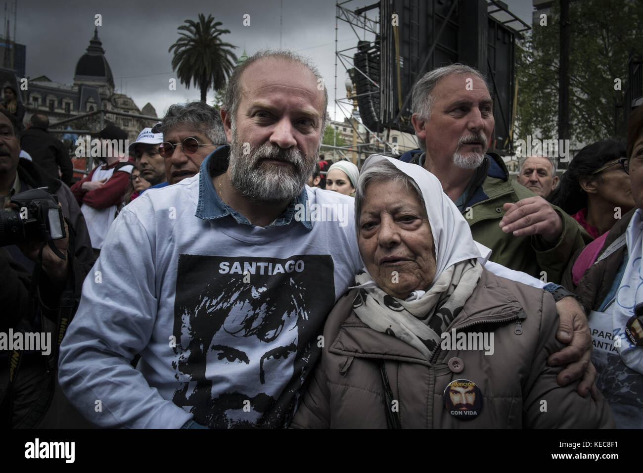 Federal Capital, Buenos Aires, Argentina. 16th Sep, 2017. A demonstrator is seen gathering to protest against the disappearance of Santiago Maldonado since 1 August 2017 while wearing a clothes with the photo of Santiago Maldonado.Despite the rain, thousands of protesters gathered on Sunday in Plaza de Mayo hosted by the relatives and friends of Santiago Maldonado two months after his disappearance, after he was reportedly surrendering to Argentinian police guards during a raid on a camp of Mapuche protesters in Patagonia, south of Argentina. Various protests were seen in several other Stock Photo