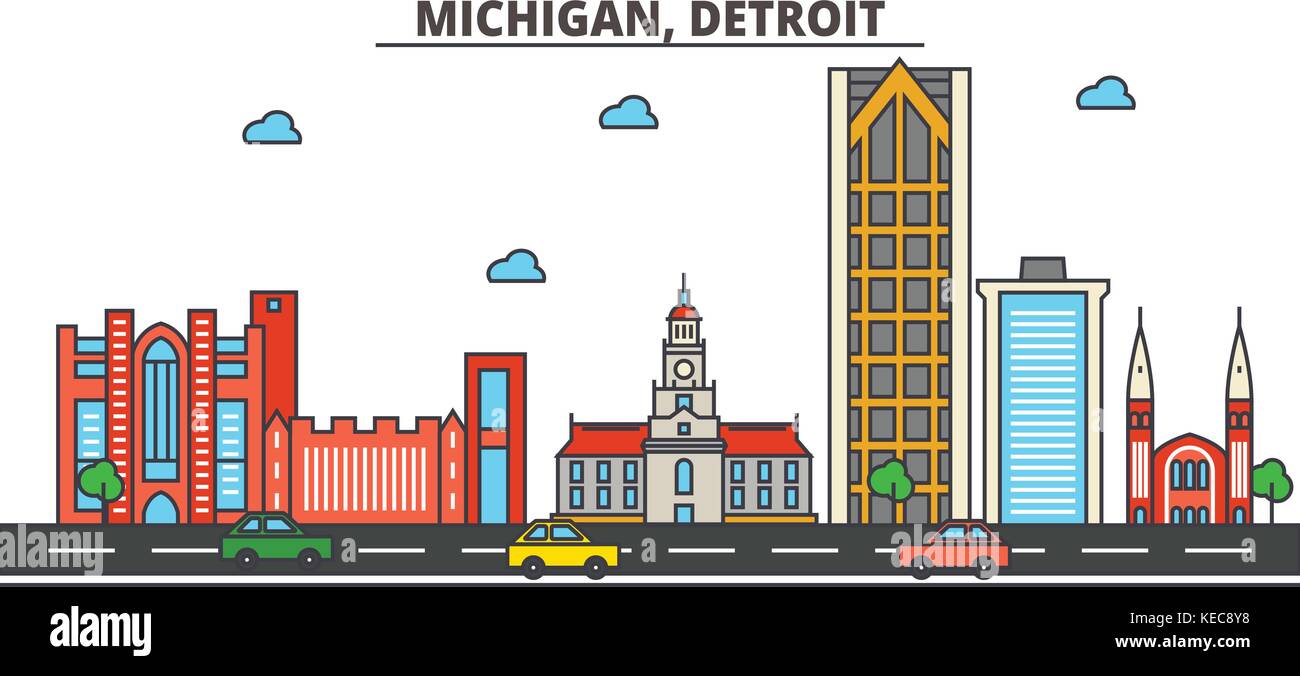 Michigan, Detroit.City skyline architecture, buildings, streets, silhouette, landscape, panorama, landmarks, icons. Editable strokes. Flat design line vector illustration concept. Stock Vector
