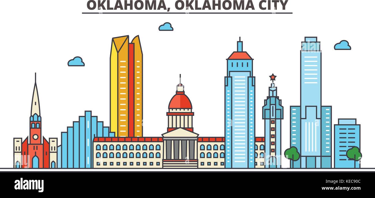 Oklahoma, Oklahoma City.City skyline architecture, buildings, streets, silhouette, landscape, panorama, landmarks, icons. Editable strokes. Flat design line vector illustration concept. Stock Vector