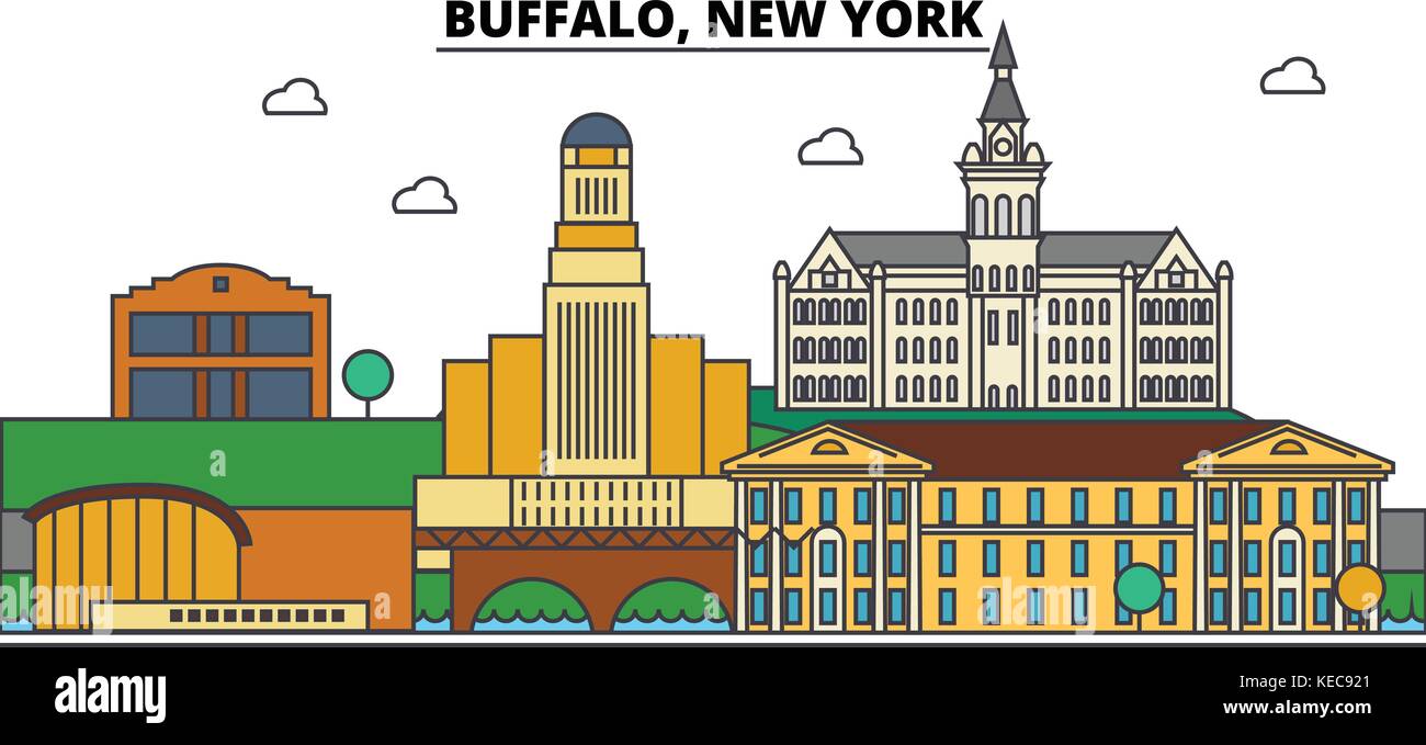 Buffalo,New York. City skyline architecture, buildings, streets, silhouette, landscape, panorama, landmarks. Editable strokes. Flat design line vector illustration concept. Isolated icons Stock Vector