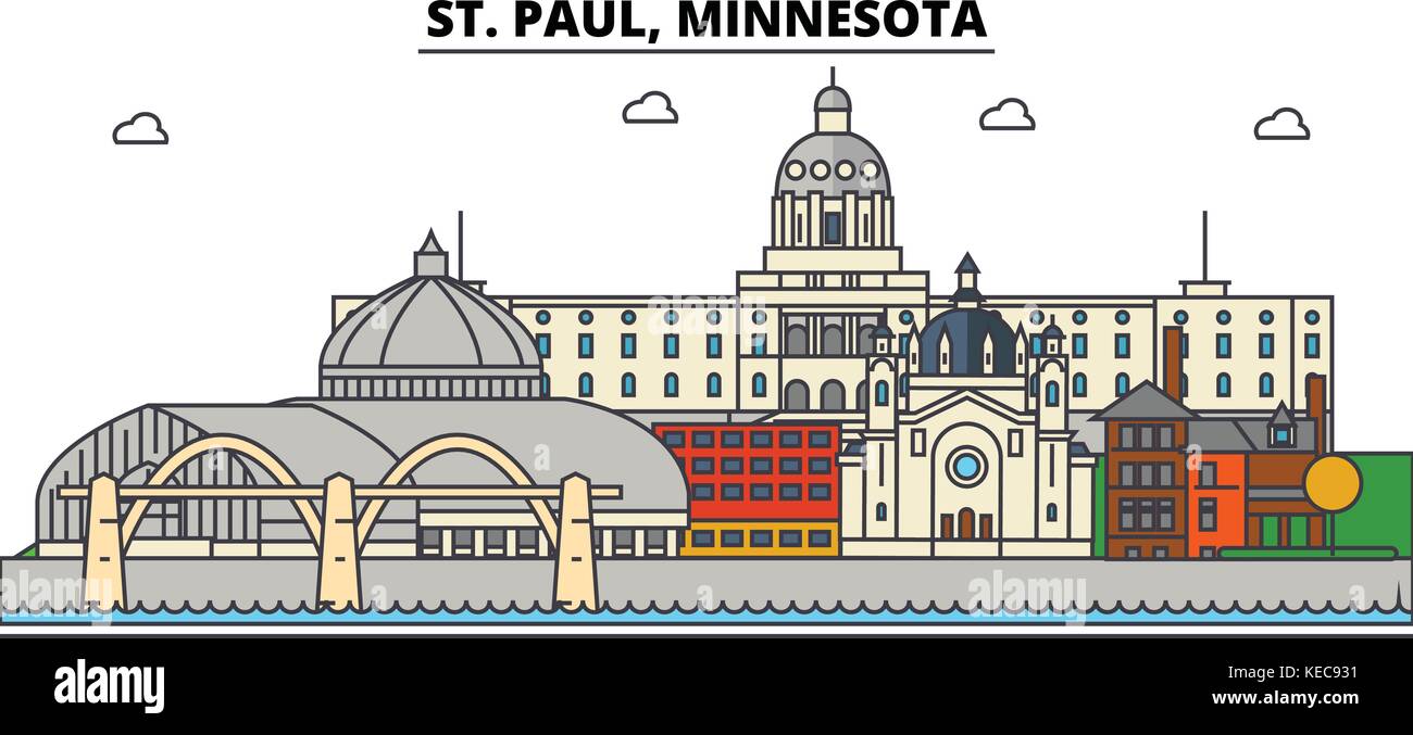 St. Paul, Minnesota. City skyline architecture, buildings, streets, silhouette, landscape, panorama, landmarks. Editable strokes. Flat design line vector illustration concept. Isolated icons Stock Vector