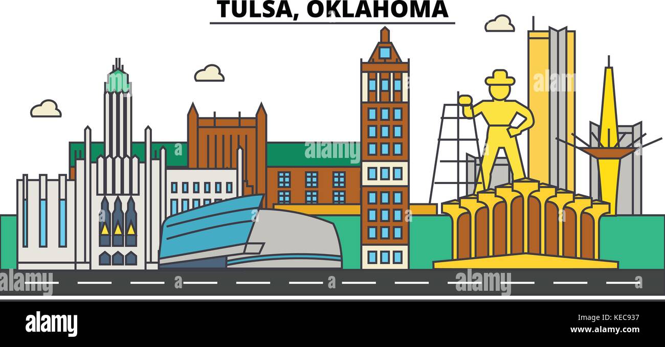 Tulsa,Oklahoma. City skyline architecture, buildings, streets, silhouette, landscape, panorama, landmarks. Editable strokes. Flat design line vector illustration concept. Isolated icons Stock Vector