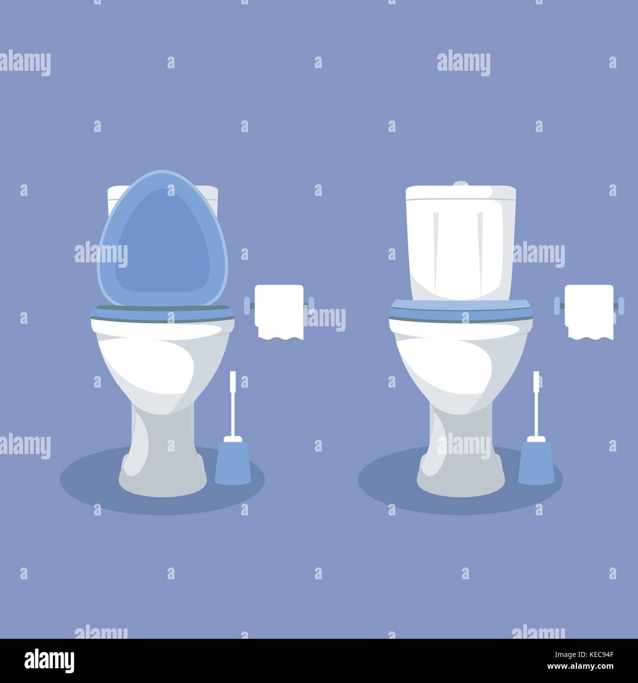 Toilet bowl with open toilet seat, paper and brush - wc Stock Vector