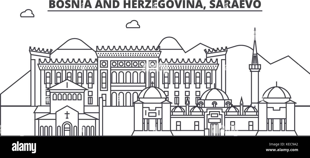 Bosnia And Herzegovina, Saraevo architecture line skyline illustration. Linear vector cityscape with famous landmarks, city sights, design icons. Landscape wtih editable strokes Stock Vector