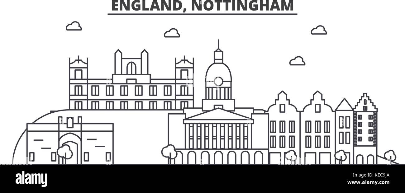 England, Nottingham architecture line skyline illustration. Linear vector cityscape with famous landmarks, city sights, design icons. Landscape wtih editable strokes Stock Vector