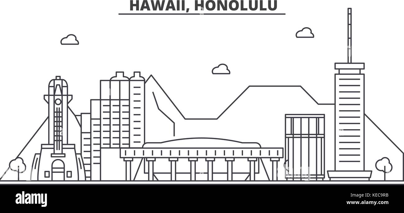 Hawaii, Honolulu architecture line skyline illustration. Linear vector cityscape with famous landmarks, city sights, design icons. Landscape wtih editable strokes Stock Vector