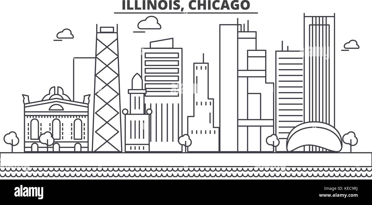 Illinois, Chicago architecture line skyline illustration. Linear vector cityscape with famous landmarks, city sights, design icons. Landscape wtih editable strokes Stock Vector