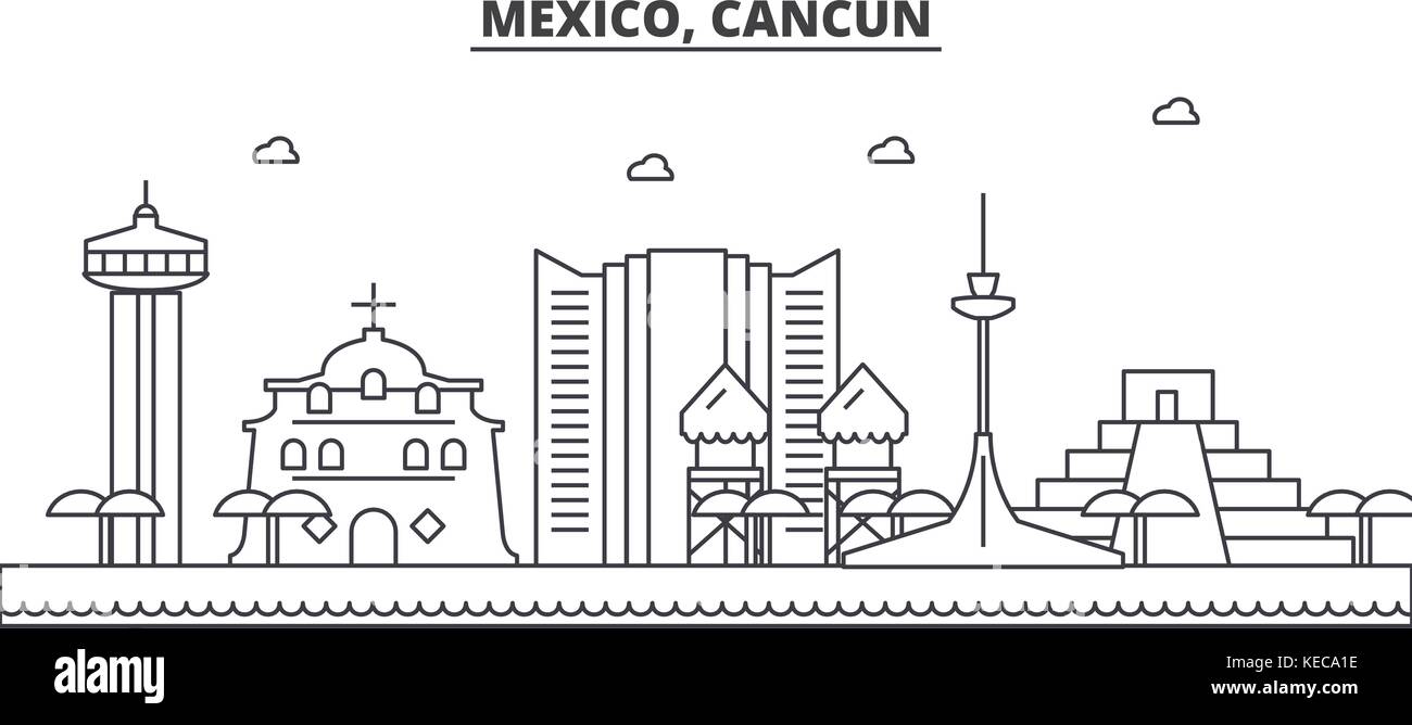 Mexico, Cancun architecture line skyline illustration. Linear vector cityscape with famous landmarks, city sights, design icons. Landscape wtih editable strokes Stock Vector