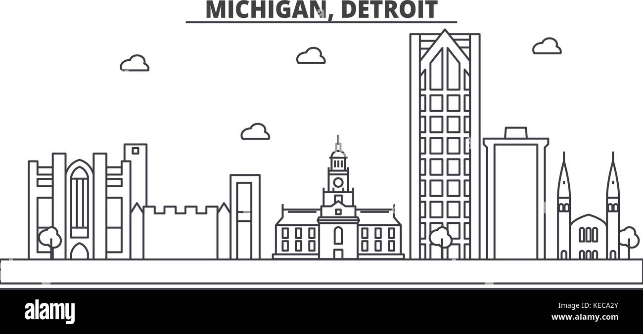 Michigan, Detroit architecture line skyline illustration. Linear vector cityscape with famous landmarks, city sights, design icons. Landscape wtih editable strokes Stock Vector