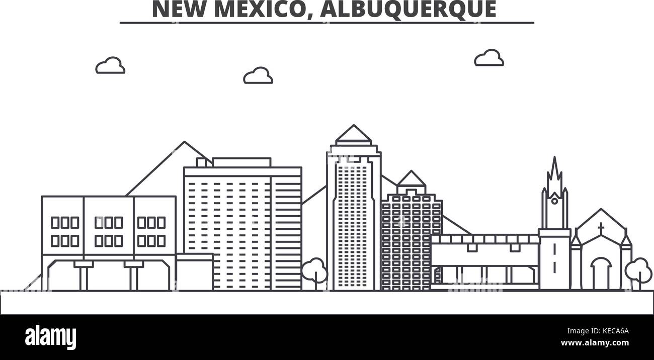 New Mexico, Albuquerque architecture line skyline illustration. Linear vector cityscape with famous landmarks, city sights, design icons. Landscape wtih editable strokes Stock Vector