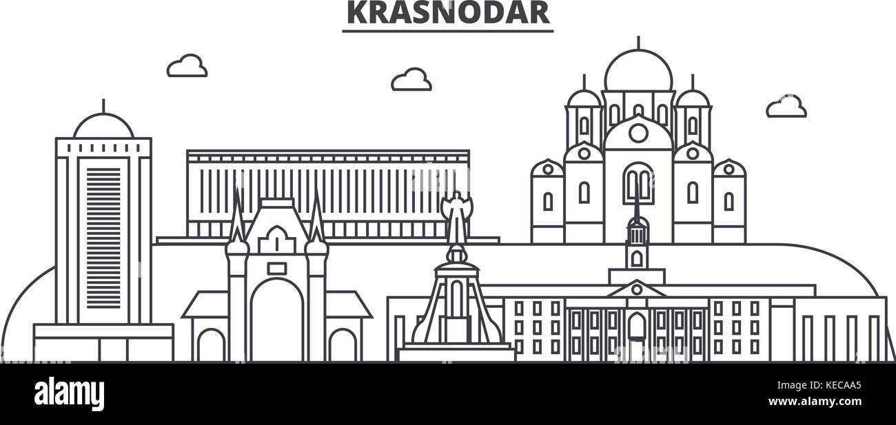 Russia, Kransodar architecture line skyline illustration. Linear vector cityscape with famous landmarks, city sights, design icons. Landscape wtih editable strokes Stock Vector