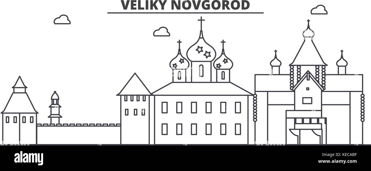 Russia, Veliki Novgorod architecture line skyline illustration. Linear vector cityscape with famous landmarks, city sights, design icons. Landscape wtih editable strokes Stock Vector