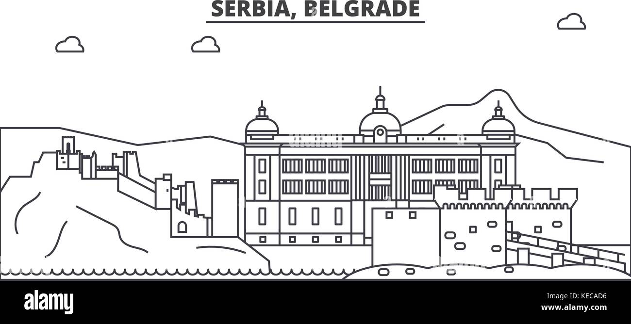 Serbia, Belgrade architecture line skyline illustration. Linear vector