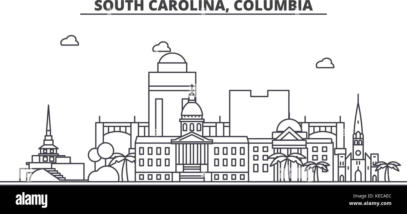 South California, Columbia architecture line skyline illustration. Linear vector cityscape with famous landmarks, city sights, design icons. Landscape wtih editable strokes Stock Vector