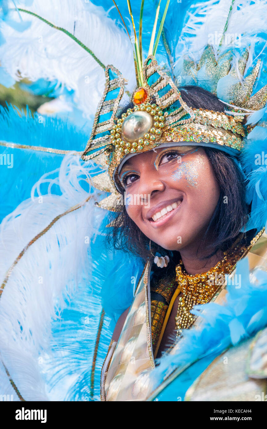 Portrait of a female dancer at Notting Hill Carnival, London, UK, on August Bank Holiday Monday Stock Photo