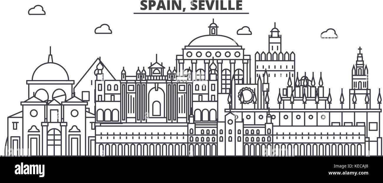 Spain, Seville architecture line skyline illustration. Linear vector cityscape with famous landmarks, city sights, design icons. Landscape wtih editable strokes Stock Vector