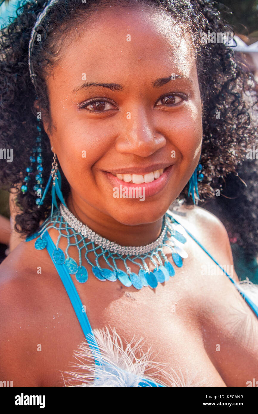 Portrait of a female dancer at Notting Hill Carnival, London, UK, on August Bank Holiday Monday Stock Photo