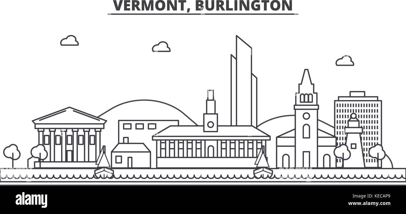 Vermont, Burlington architecture line skyline illustration. Linear vector cityscape with famous landmarks, city sights, design icons. Landscape wtih editable strokes Stock Vector