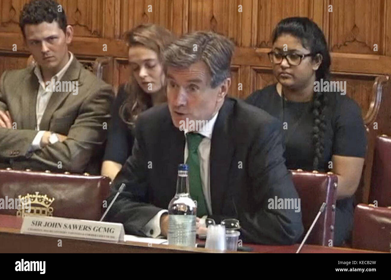 Former head of MI6 Sir John Sawers gives evidence on Brexit to the House of Lords EU External Affairs Sub-Committee in the House of Lords, London, where he warned that spending on the military, intelligence and diplomacy may have to increase in order to maintain the UK's influence on the world stage after Brexit. Stock Photo