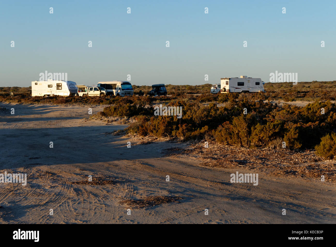 Mobile homes camping at Bush Bay, The Gascoyne, Western Australia Stock
