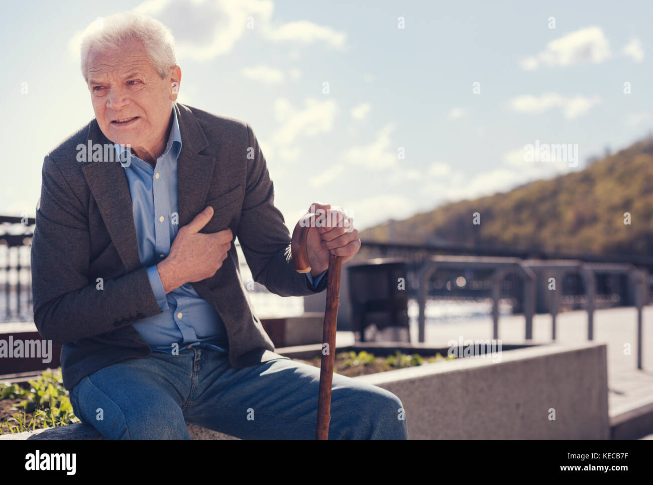 Pleasant senior man suffering from dull chest pain Stock Photo Alamy