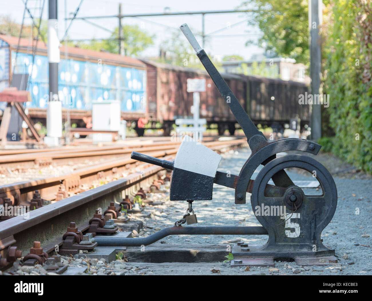 Old hand operated lever of a railroad switch in the Netherlands
