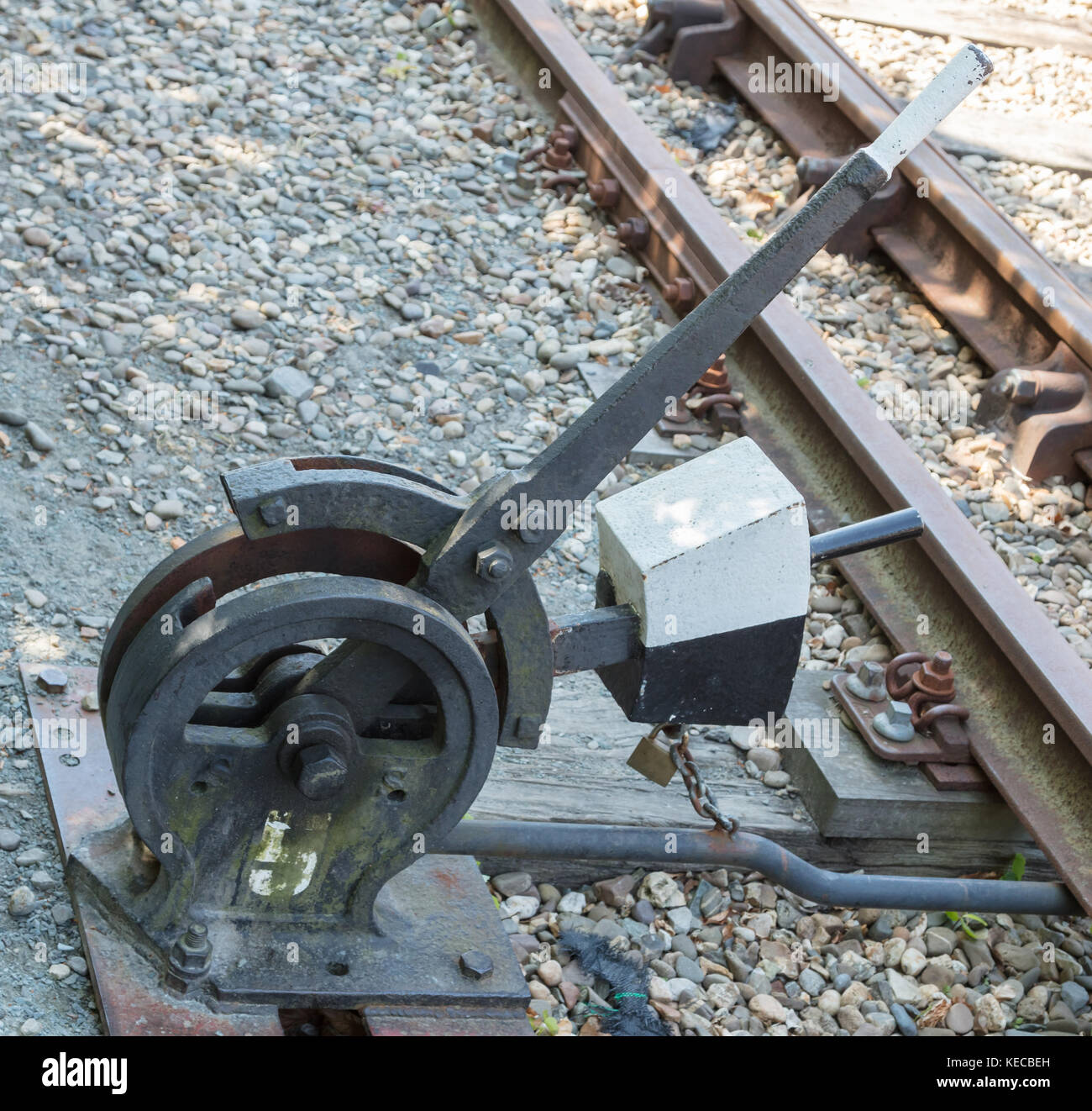 Old handoperated lever of a railroad switch in the Netherlands Stock