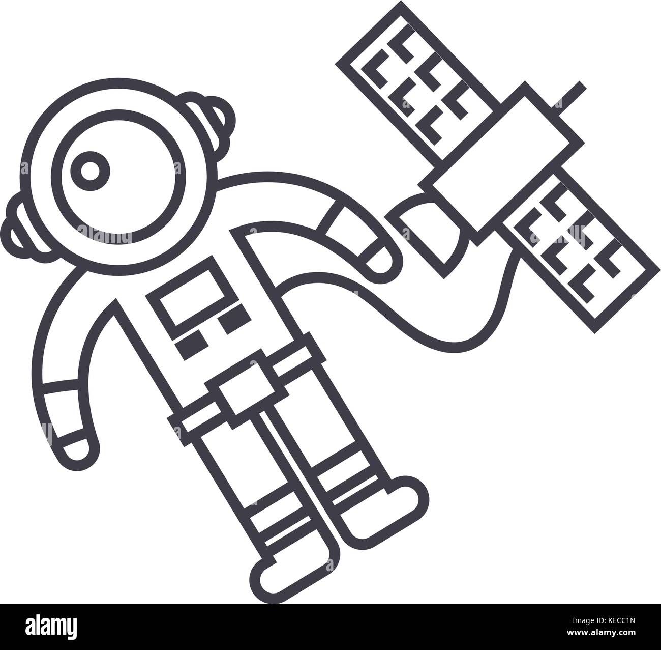 spaceman in space with spaceship vector line icon, sign, illustration ...